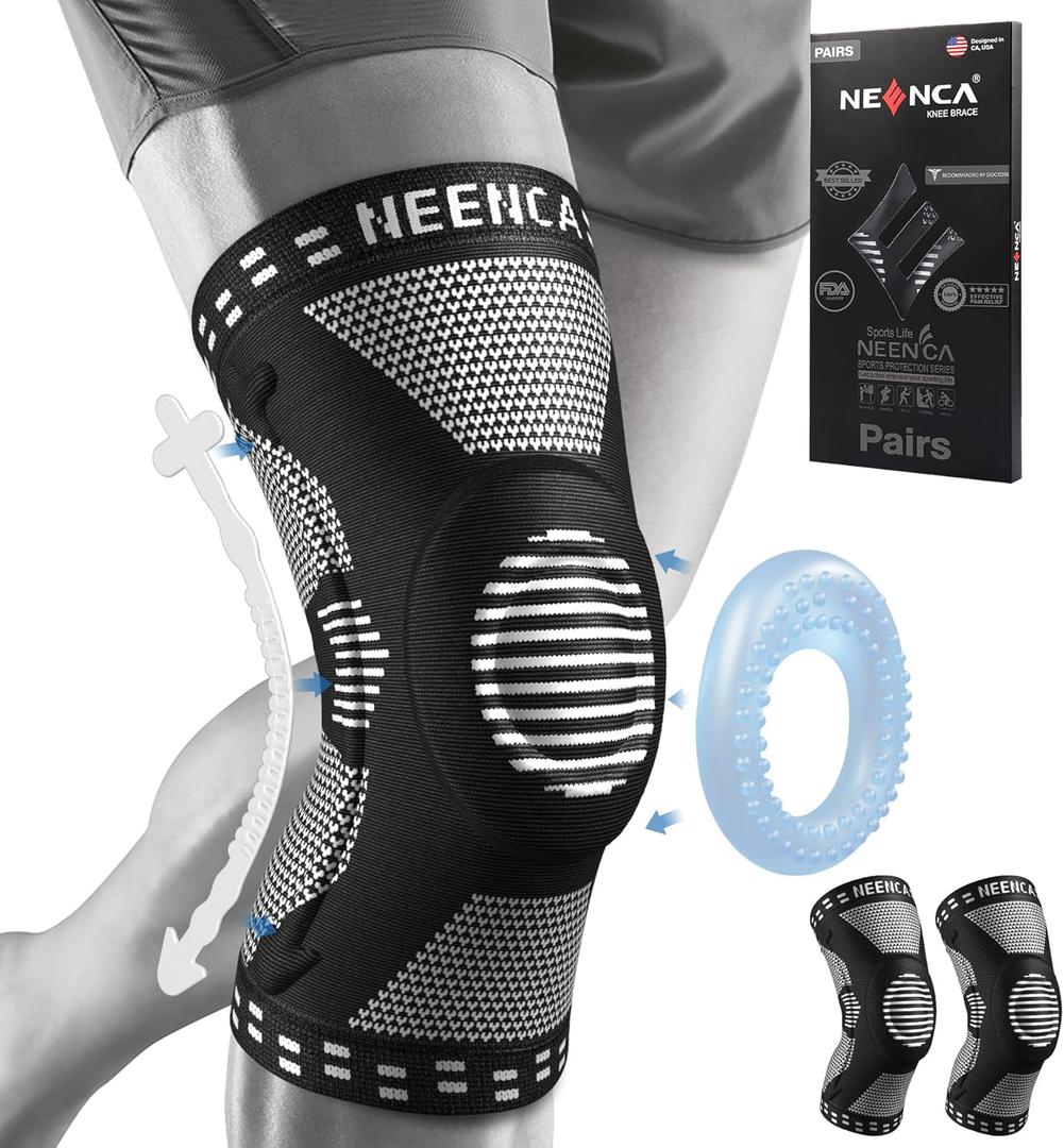 NEENCA 2 Pack Knee Braces for Knee Pain, Compression Knee Sleeves with Patella Gel Pad & Side Stabilizers, Knee Support for Meniscus Tear, Arthritis, Joint Pain, ACL, Runner, Workout- FSA/HSA APPROVED (M, Black (pack of 2))