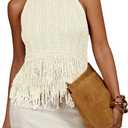 SweatyRocks Women's Boho Fringe Halter Tops Sleeveless Open Back Summer Knit Crochet Tank Top, White Small