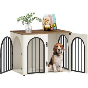 31.5'' Wooden Dog Crate Furniture, Indoor Dog Kennel Dogs Cage for Small/Medium Dogs, Heavy Duty Dog Crates Decorative Pet House End Side Table TV Stand, White Brown DFC85114B