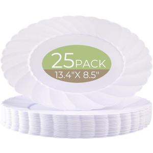 U-QE 25 Count Oval White Plastic Plates - 13.4 inch Large Disposable Plates Heavy Duty, Ideal for Party, BBQ, Picnic and Weddings