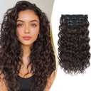 Clip in Hair Extensions 4 PCS, 16 Inch Short Wavy Curly Clip on Hair Extension, Thick Natural & Soft Synthetic Hairpieces for Women (Chocolate Brown)