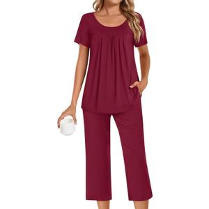 POPYOUNG Womens Pajama Sets Summer Ladies Pjs 2 Piece Loungewear Capri with Pockets Sleepwear