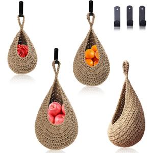 Hanging Fruit Basket Set of 3, Boho Wall Hanging Storage Jute Basket for Organizing & Decor, Handmade Teardrop Hammock Holder for Onion Fruit Vegetable in Home & Restaurant Kitchen with Hooks (Linen)