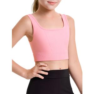 Haloumoning Girls Training Bra Sports Bra Kids Athletic Seamless Ribbed Stretchy Crop Tops Dance Yoga 5-14 Years Pink