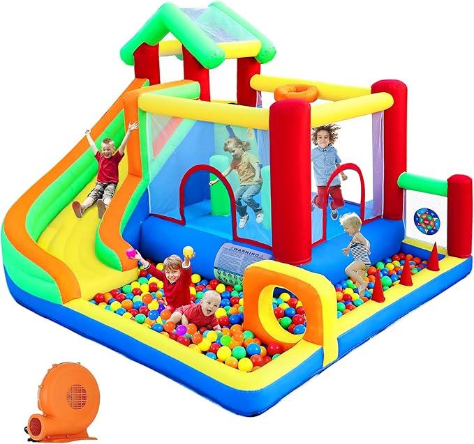 PZGEQ Bounce House, Inflatable Bounce Castle with Ball Pit for Kids 3-12, Blow Up Jumping Castle with Slide, Obstacles, Climbing Wall, Inflatable Bouncy Castle Jump House for Indoor Outdoor Backyard