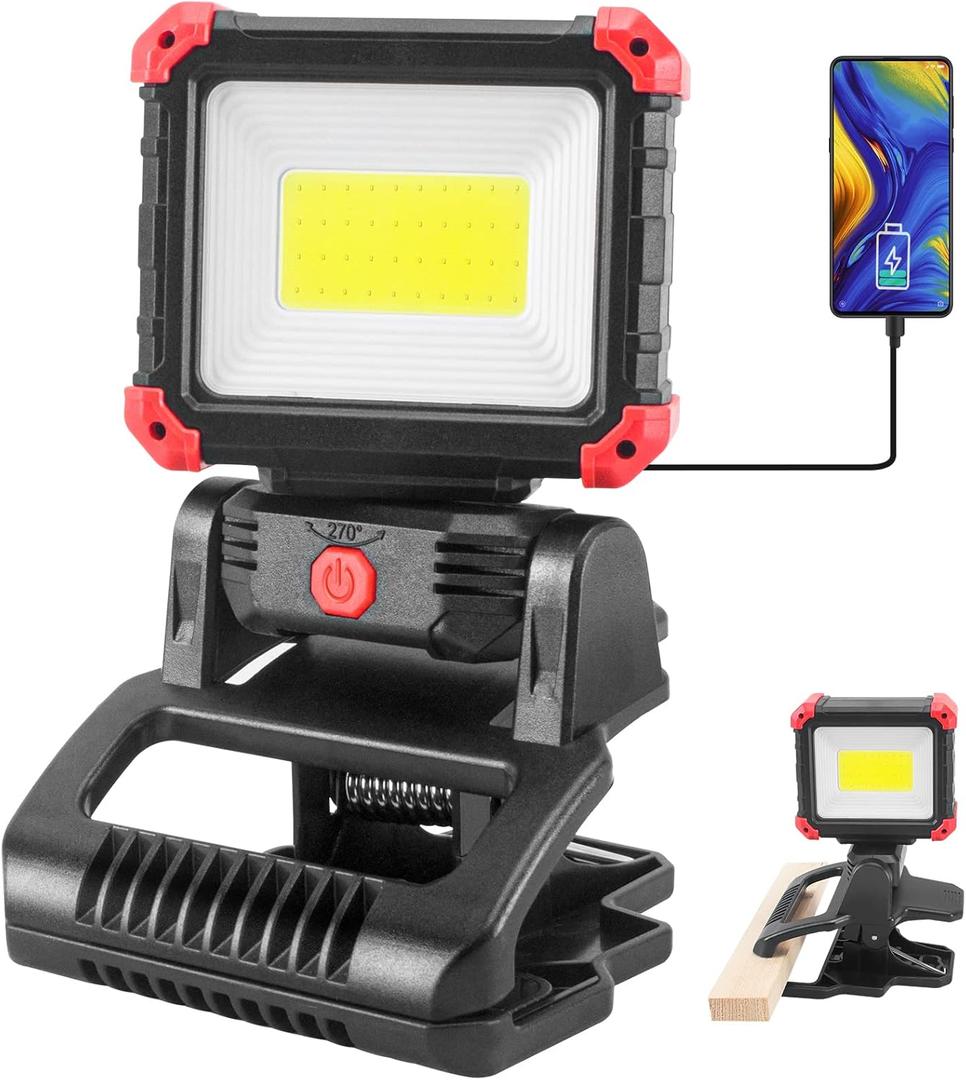 LED Rechargeable Work Light with Clamp, 2100LM Super Bright COB Magnetic Work Light with 3 Light Modes, 270 & 180 Rotation, Waterproof, Perfect for BBQ, Jobsite, Workshop, Car Repairing (Black 1Pack)