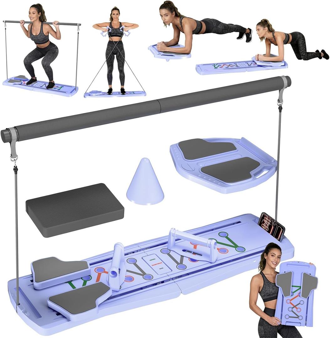 Pilates Board for Home Workout - Upgraded 7 in 1 Portable Pilates Reformer Set, Multifunctional Ab Trainer with Resistance Bands & LED Timer, Pilates Board for Women Full Body Workout Blue