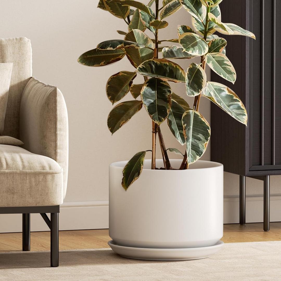 LE TAUCI 12 Inch Pots for Plants, Ceramic Indoor Plant Pots, Planters with Drainage Holes and Saucers, Flower Pots for Home & Office, White