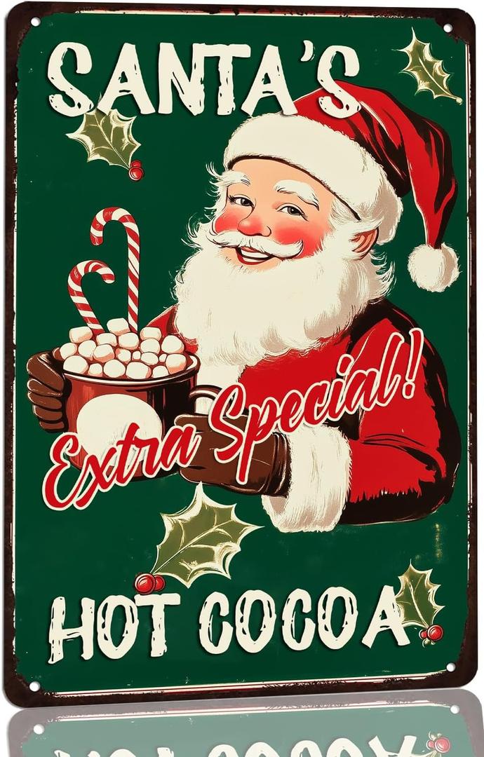 Vintage Style Christmas Decor Sign - Santa's Hot Cocoa Metal Tin Sign, Festive Wall Decor for Kitchen, Cafe, Bar - Perfect for Hot Cocoa Lovers - 8x12 Inch (P4)