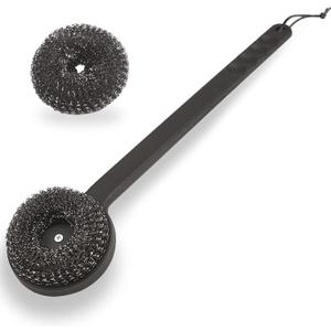 18" Long Handle Grill Brush with Replaceable Head - Safe Bristle Free Stainless Steel BBQ Cleaner with Heavy Duty Scrubber Pad, Grill Accessories Steel Wool Scrubbers for Porcelain Gas Charcoal Gri
