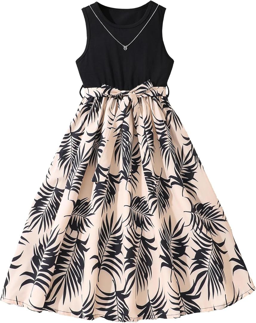 Hilinker Girls Floral Sleeveless Pleated Dress Summer Tie Knot Tank Dresses with Belt (13-14 Years, Black Leaf)