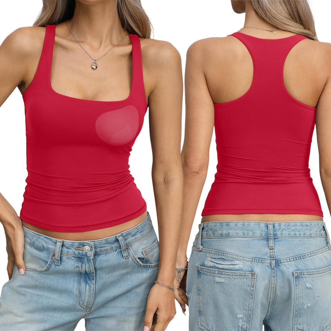 EasyGala Womens Padded Double Lined Tank Tops Racerback Square Neck Built in Bra Tops Sleeveless Fitted Summer Clothes (Medium, Red)