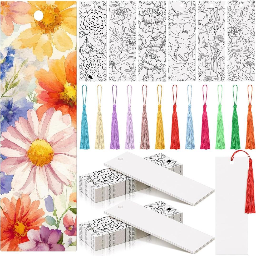 Sinmoe 120 Pcs Color Your Own Bookmarks 6 Styles Watercolor Bookmarks to Paint Card Stock Paper Watercolor Colorful Tassels Craft DIY for Classroom Projects Gifts Tags 5.9 x 2 Inch(Blooming Flowers)