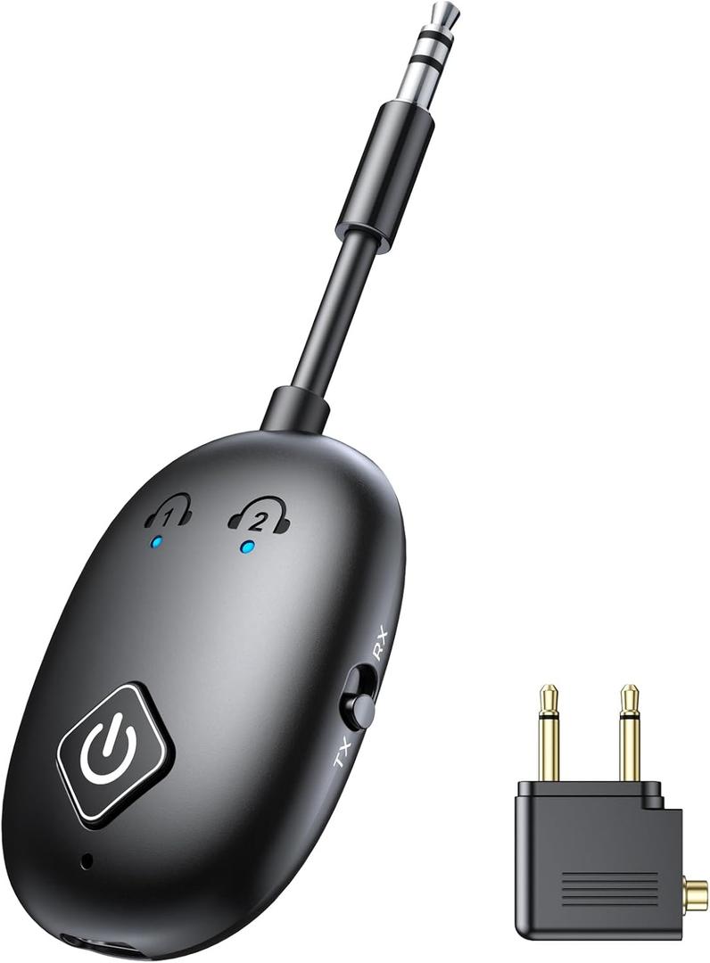 Bluetooth 5.3 Transmitter Receiver for Airplane TV, 2 in 1 Wireless Bluetooth Adapter for Airplane AirPods or Wireless Headphones Dual Pairs, 3.5mm Aux Adapter for Flight TV Gym Car/Home Stereo