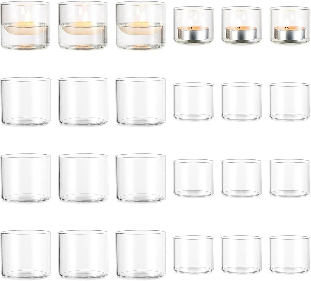 Romadedi Votive Tealight Candle Holders - 24 pcs Clear Glass Tea Light Holders Bulk Small Table Centerpieces Wedding Decor Party Dinner Home Decorations Festivals Christmas
