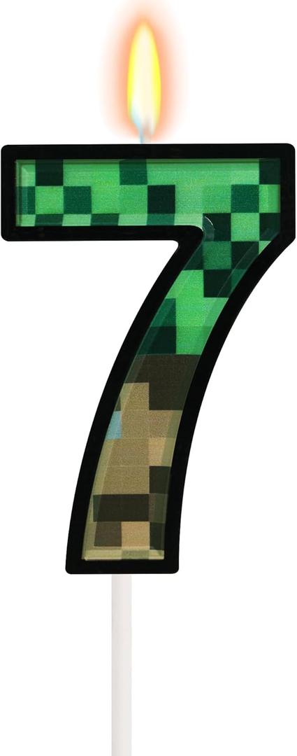 4 x 7th Pixel Miner Birthday Candles, Number 7 Candle, Pixels Cake Topper for Boys Girls, Game Themed Birthday Decorations Party Supplies (Large)