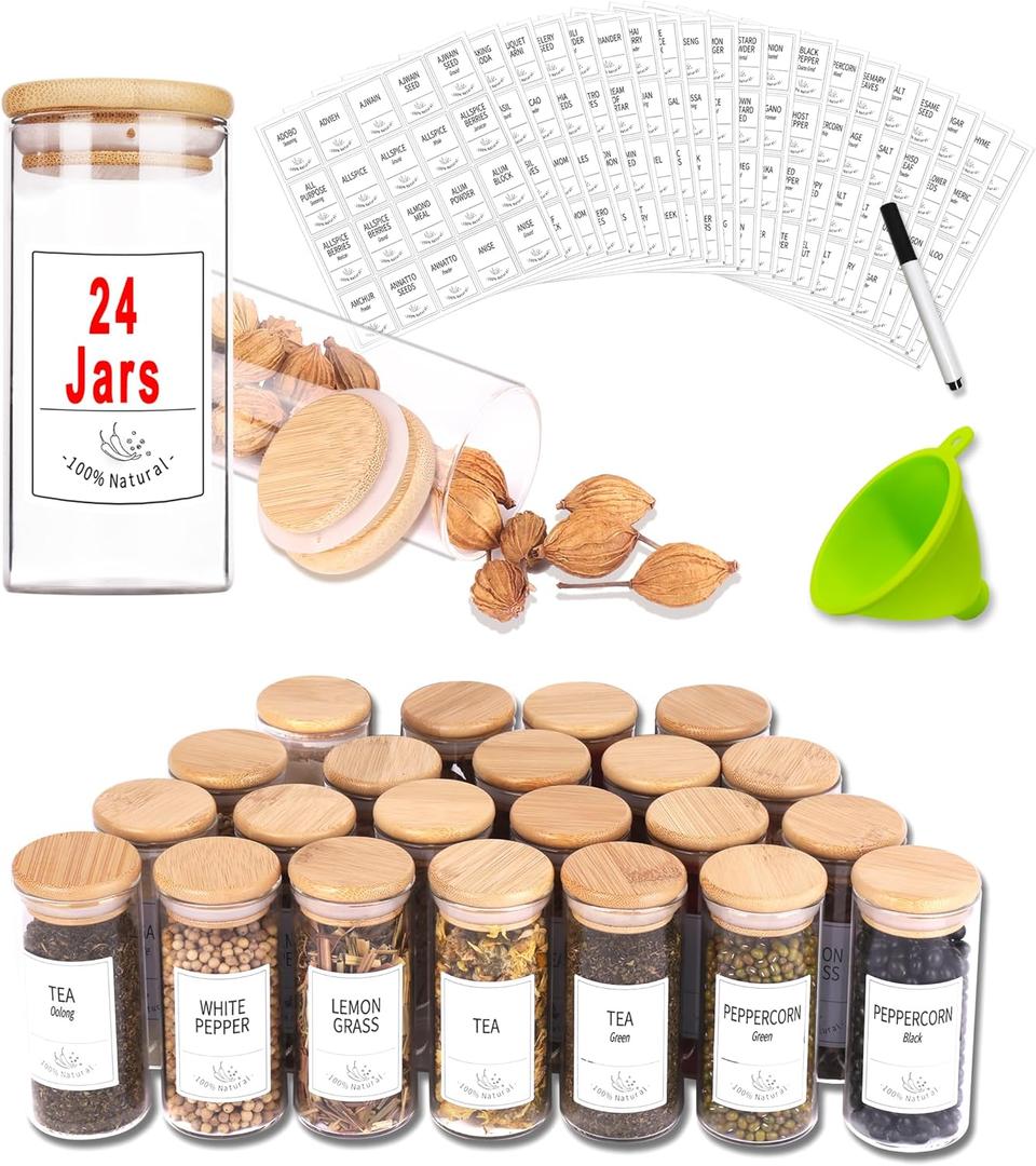 Churboro 24 Glass Spice Jars with Bamboo Airtight Lids, 400 Spice Labels, Funnel and Chalk Marker Set Spice Containers, 4 OZ Glass Storage Jars