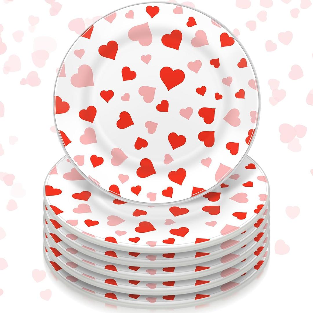 Funnymoom 6 Pack 6 Inch Mother's Day Heart Ceramic Plates Red Pink Heart Tableware Reusable Dinnerware Dessert Plates for Mother's Day Celebration Wedding Party Supplies