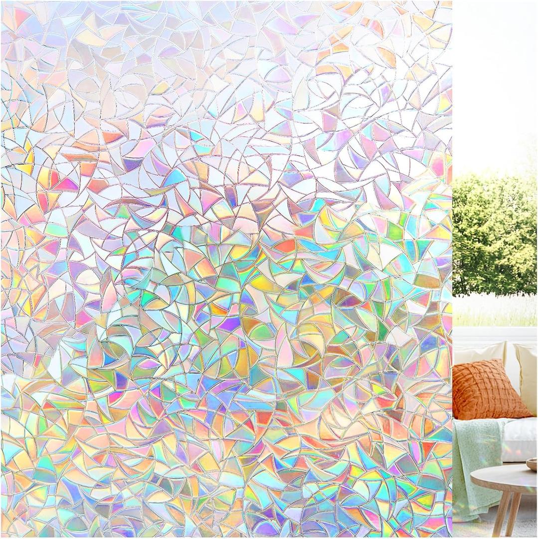 LUTE Window Privacy Film, Rainbow Window Film, 3D Decorative Stained Glass Cling, Non-Adhesive Vinyl Static Cling Removable Glass Stickers, Sun UV Blocking Decal Covering for Home, 17.5 x 78.7 inches (Clear)