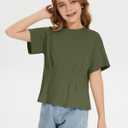 ZDC Girls Pleated Short Sleeve T Shirts Summer Crewneck Tops Casual Cute Basic Tees, Army Green, 140