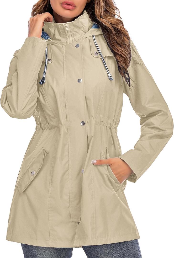 Kikibell Rain Jacket Women Striped Lined Hooded Lightweight Raincoat Outdoor Waterproof Windbreaker (Small, Khaki)