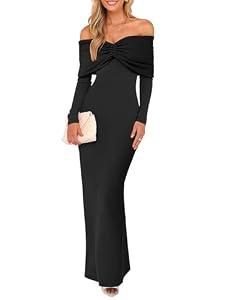 Caracilia Womens Off The Shoulder Bodycon Maxi Dress Fall Sexy Elegant Long Sleeve Ruched Club Party Formal Cocktail Dresses Black, Size Small