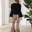 WDIRARA Girl's 2 Piece Flounce Sleeve Top and Leopard Print Bell Leg Bottom Pants Set