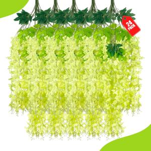 24 Pack Green Wisteria Hanging Flowers, 3.77 Ft Fake Hanging Flowers, Artificial Wisteria Garland Vines for Wedding Room Backdrop Outdoor Patio Garden Decoration
