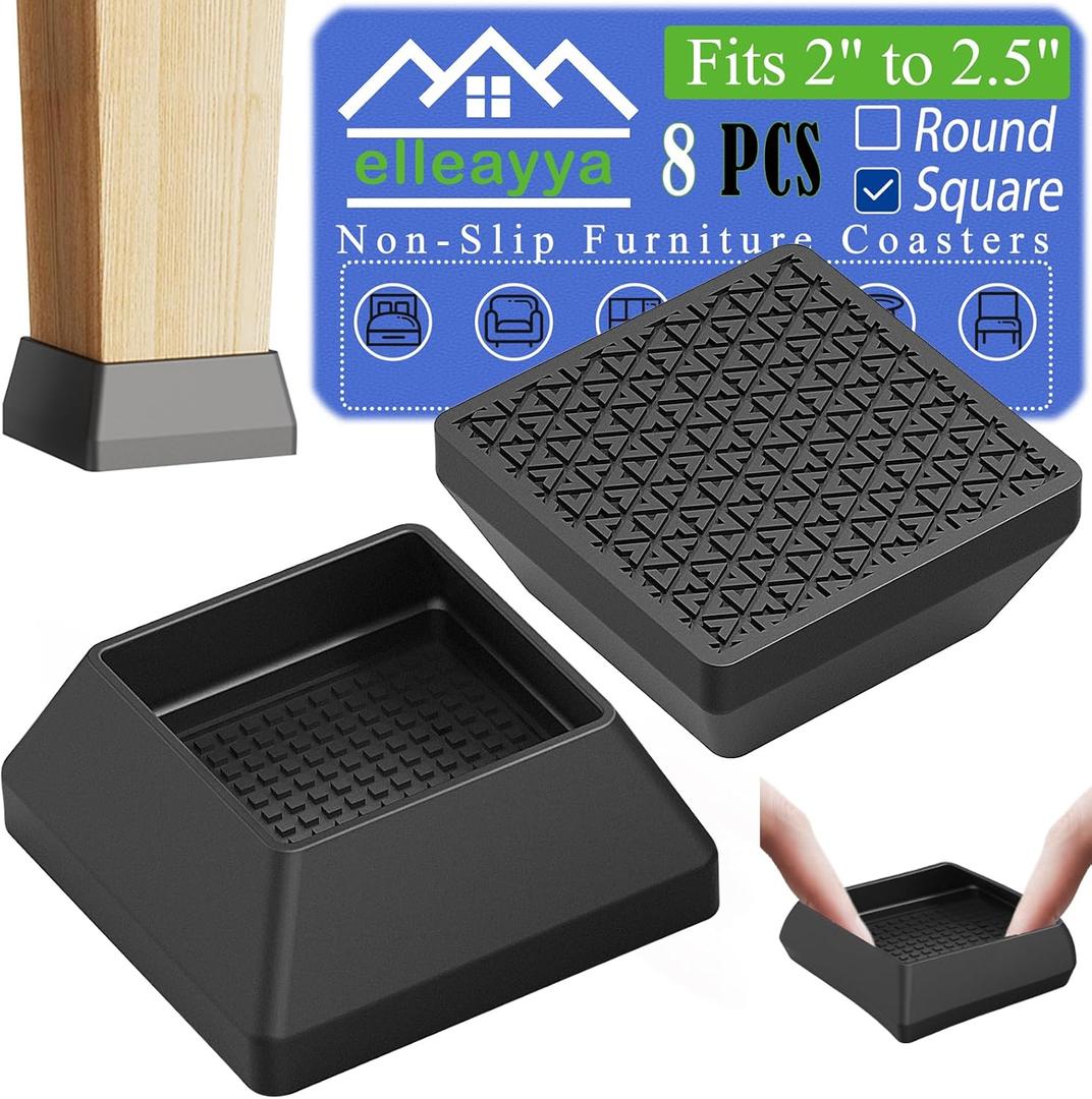 Furniture Coasters, Sofa&Bed Stoppers to Prevent Sliding (Non-Slip, Fits Square Legs 2" to 2.5" in Width) 8PCS Large Black Silicone Furniture Coasters for Hardwood Floors