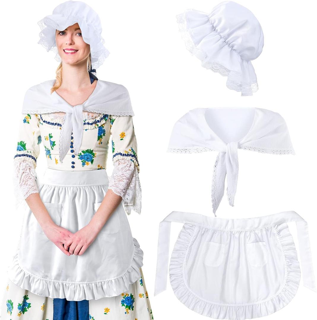 Hercicy 3 Pieces Colonial Costume Set White Mob Cap Bonnet Shawl Waist Apron Pilgrim Costume Accessories for Women Girls (Classic)
