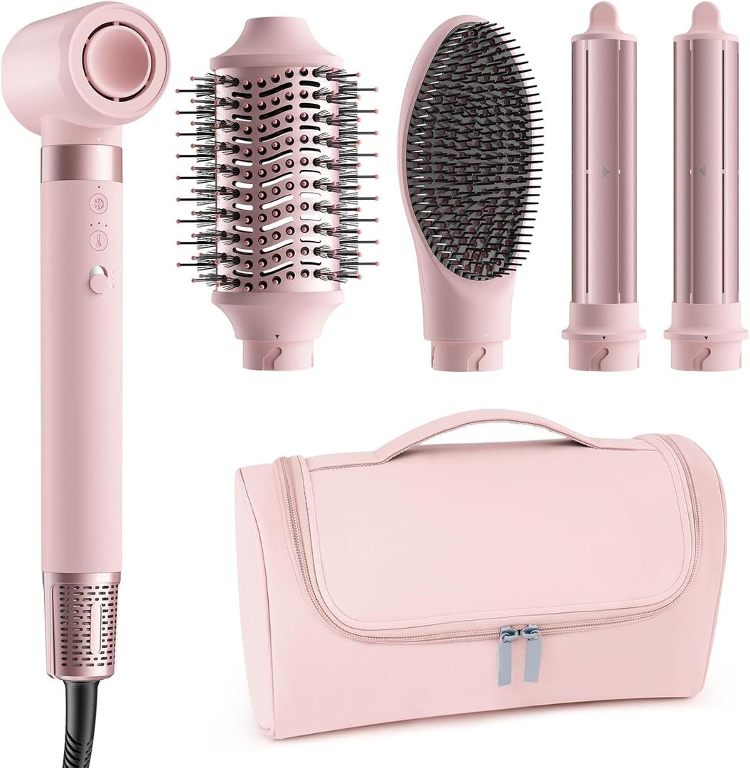 5 in 1 Hot Air Styler Wrap - High-Speed Hair Dryer, Volumizing Brush with Auto Curlers, Fast Drying & Frizz-Free Styling Straightening, No Heat Damage, Includes Travel Bag, Gift for Women (Pink)