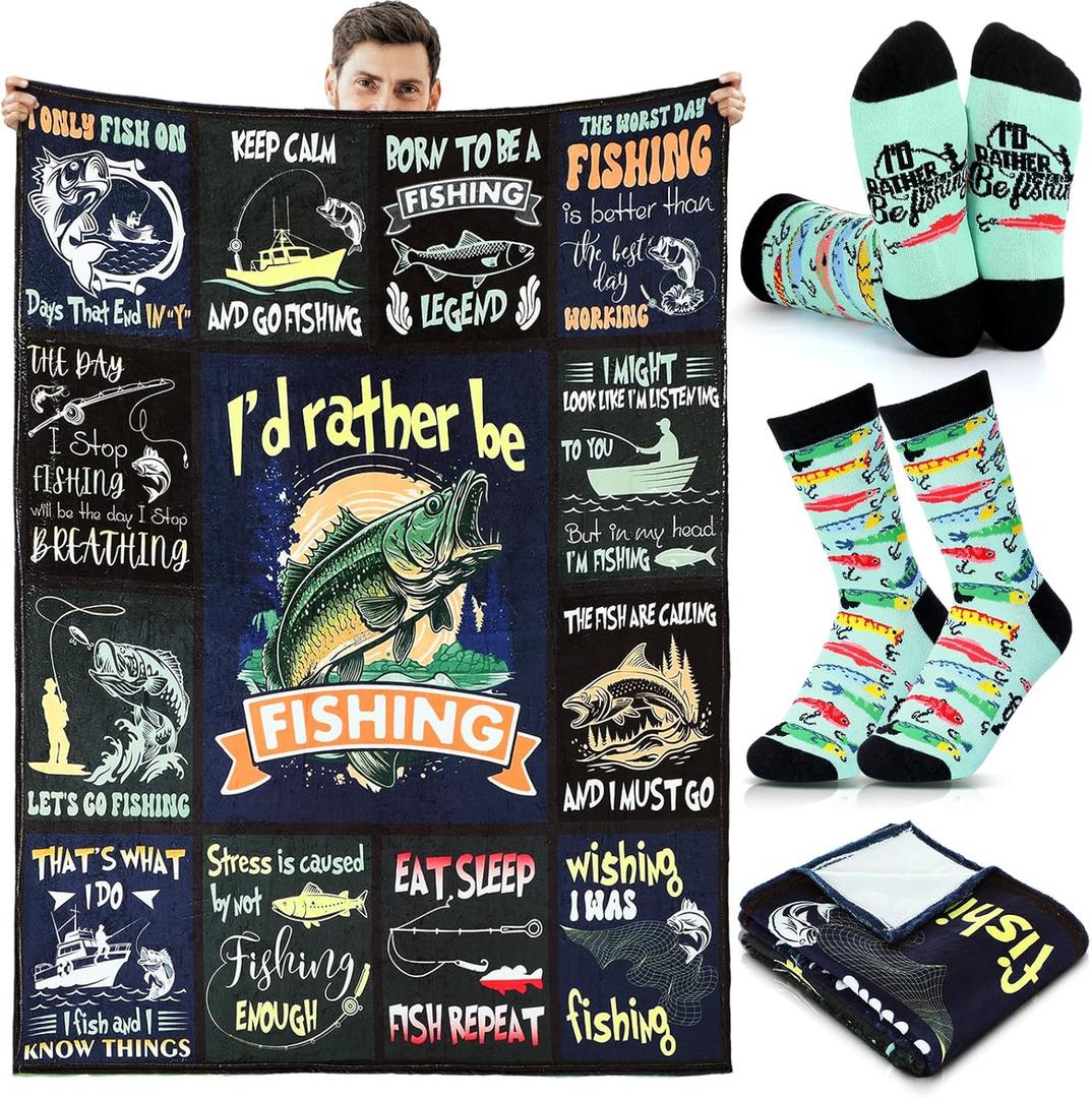 2 Pcs Fishing Throw Blanket and Sock Gift 50" x 60" Fisherman Lovers Valentine's Day Birthday Gag Gift for Women Men Grandpa Husband Dad Boyfriend Camping