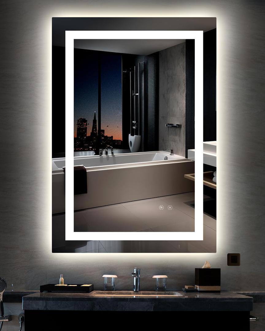 Ensenior LED Bathroom Mirror 30"x 36" with Front and Backlight, Stepless Dimmable Wall Mirrors with Anti-Fog, Shatter-Proof, Memory, 3 Colors, Modern LED Vanity Mirror-FCC