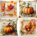 Vintage Fall Pillow Covers 18x18, Shabby Chic Fall Pumpkin Autumn Leaves Decorative Pillow Covers, Fall Home Bedroom Living Room Decor, Farmhouse French Country Pillow Cover, Set of 4