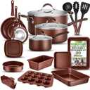 NutriChef 15 Piece Professional Home Kitchen Cookware and Bakeware, Pots and Pans Set Non Stick Kitchenware, Cool-Touch Handles, Safe for Gas, Electric, Induction Cooktops, Easy Clean, Brown