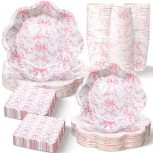 Newtay 250 Pcs Pink Bow Paper Plates and Napkins Coquette Valentine's Day Party Supplies Disposable Tableware Set for 50 Guests Pink Bow Paper Plates Napkins Cups for Baby Shower Birthday Decoration