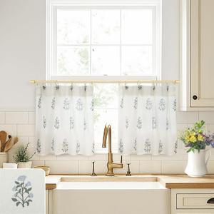 Cafe Curtains for Kitchen,Pinch Pleated Small Window Curtains Over Sink,Farmhouse Linen Sheer Blue and Green Floral Vintage Block Print 18 Inch Length Mini Curtains (24"W x 18"L (Pack of 2))