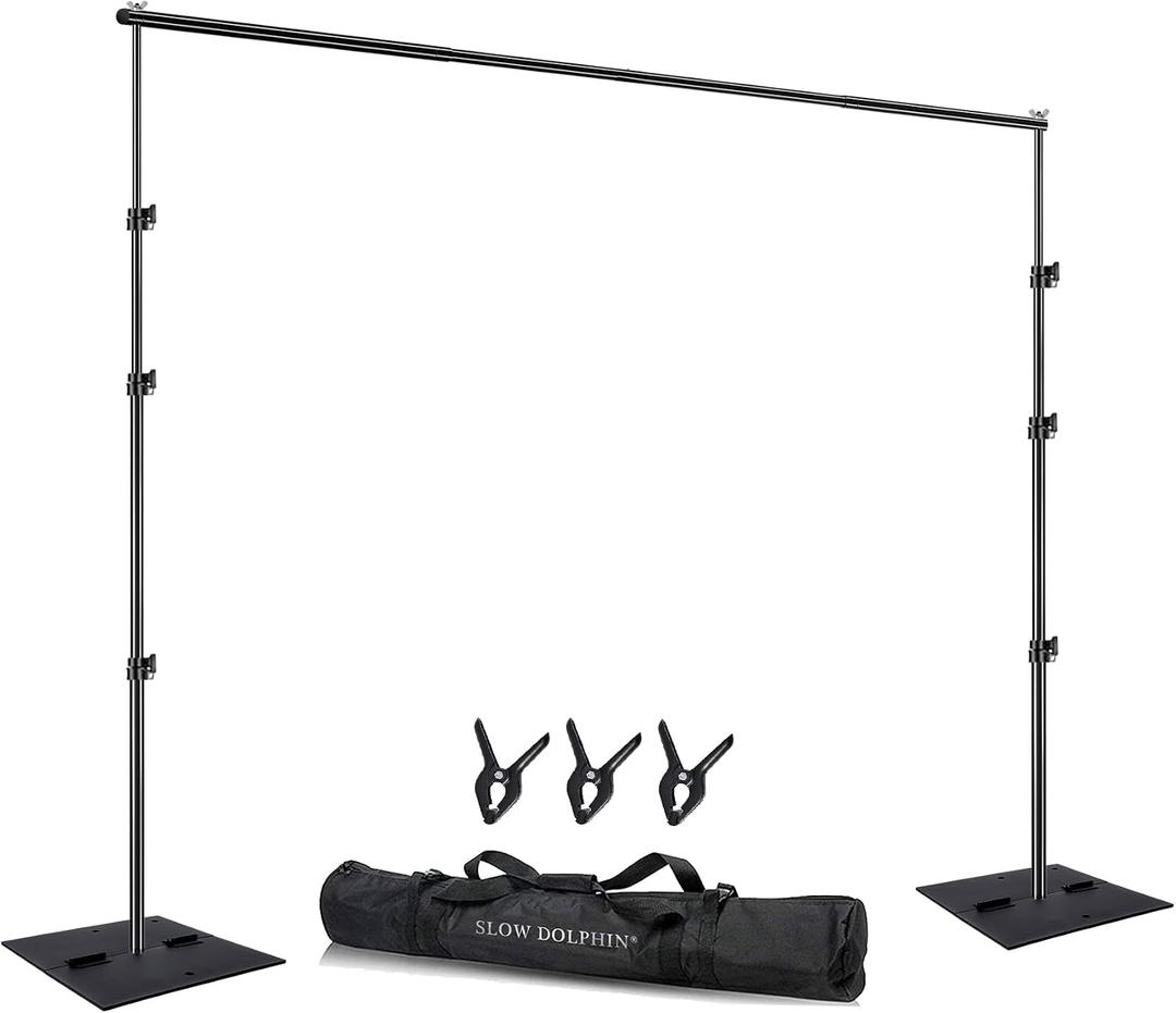SLOW DOLPHIN Heavy Duty Backdrop Stand10ft x 8.5ft Adjustable Background Support System Kit with Steel Base for Photography, Photo Backdrop Stand for Parties Birthday, Photo Booth Video Studio