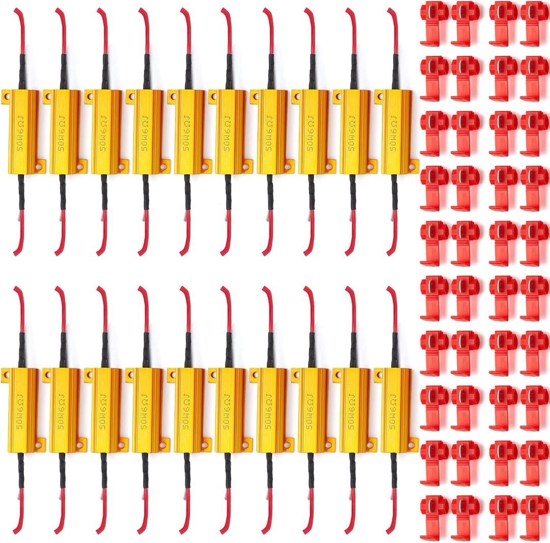 Xuhal 20 Pack 50W 6ohm Load Resistor Turn Signal LED Kit Fix Fast Flash Blink Error Code Flickering Resistor for LED Lights Bulb Headlights Tail Light License Plate DRL(Gold)
