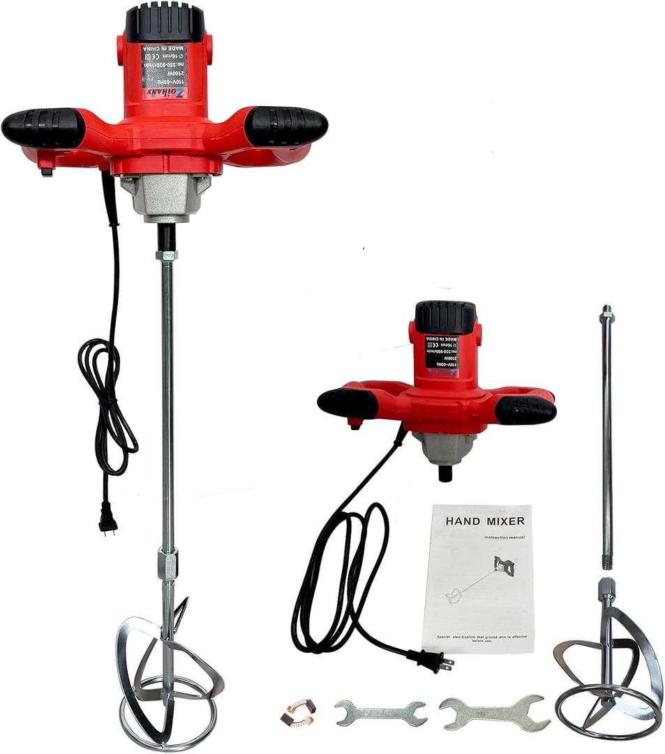 Electric Cement Mixer, 2500W Handheld Concrete Mixer with 6 Speed，Portable Mortar Mixers for Mixing Mud, Mortar, Plaster,Cement, Paint, Fodder，2 Pieces Mixing Heads
