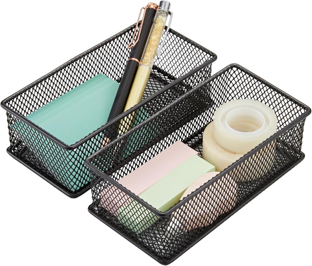 Annova Mesh Drawer Cabinet and Shelf Organizer Bins Storage Basket School Office Supply Holder Tray- Set of 2 (Black, 3x6x2 Inch)