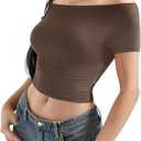 SUUKSESS Women Off The Shoulder Short Sleeve Tops Trendy Cowl Neck Going Out Basic T Shirt (Brown, S)