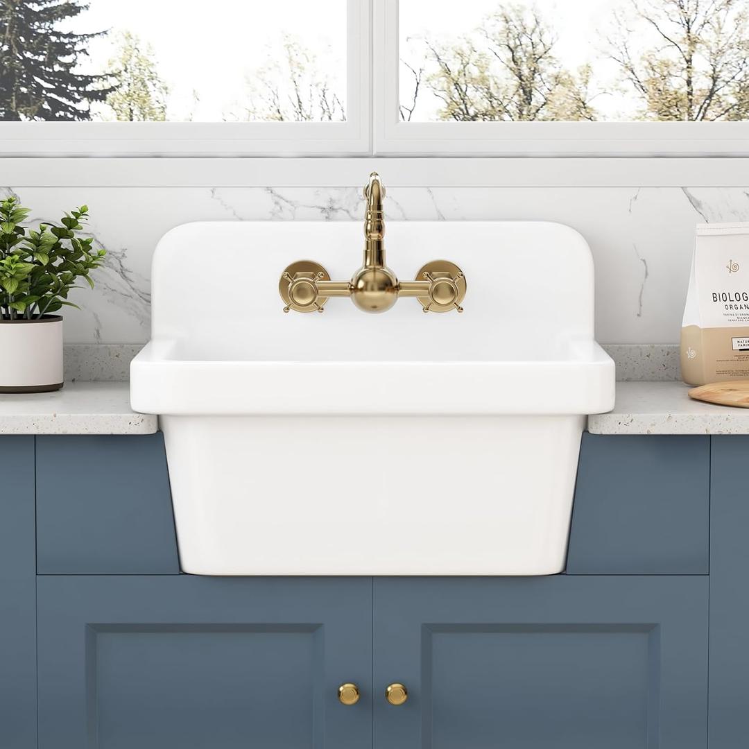 White Utility Sink 21 Inch, Wall Mount Farmhouse Sink, Deep Bowl High Back Laundry Sink with Accessories, Fireclay Porcelain Floating Slop Tub for Laundry Room, Kitchen, Garage, Bathroom, 21x16x18 inches
