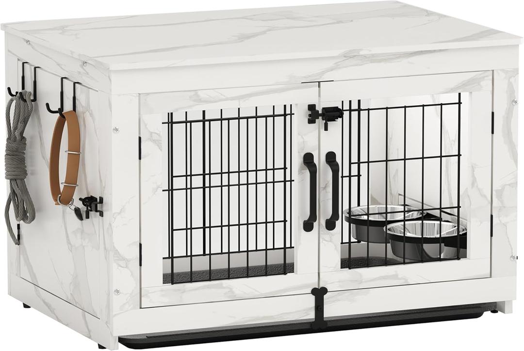 Piskyet Wooden Dog Crate Furniture with 360Rotatable Removable Dog Bowls, Dog Crate End Table with Tray, Double Doors Dog Kennels for Dogs(M:31.8" L*22.1" W*24.1" H,Marble White) Piskyet Wooden Dog Crate Furniture with 360Rotatable Removable Dog Bowls, Dog Crate End Table with Tray, Double Doors Dog Kennels for Dogs(M:31.8" L*22.1" W*24.1" H,Marble White)