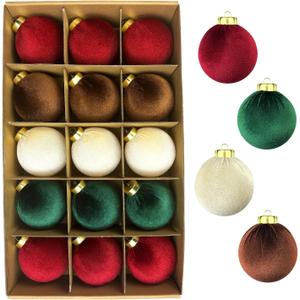 Velvet Balls Ornaments for Christmas Tree 15 PCS, 3.15 Inch Large Shatterproof Neutral Christmas Bulbs Ornaments Set-Decorative Hanging Baubles, Flocked Classic Decorations for Holiday(Multi-Color)
