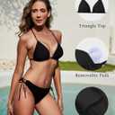 Zonsaoja Women String Bikini Set Halter Side Tie Two Piece Swimsuit Triangle Bathing Suits (Black, S)