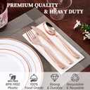 FOCUSLINE 600 Ct Rose Gold Dinnerware Set for 100 Guests - Rose Gold Rimmed Disposable Plastic Plates, Includes 100 Dinner & Salad Plates, Cups, Cutlery Set for Wedding Parties