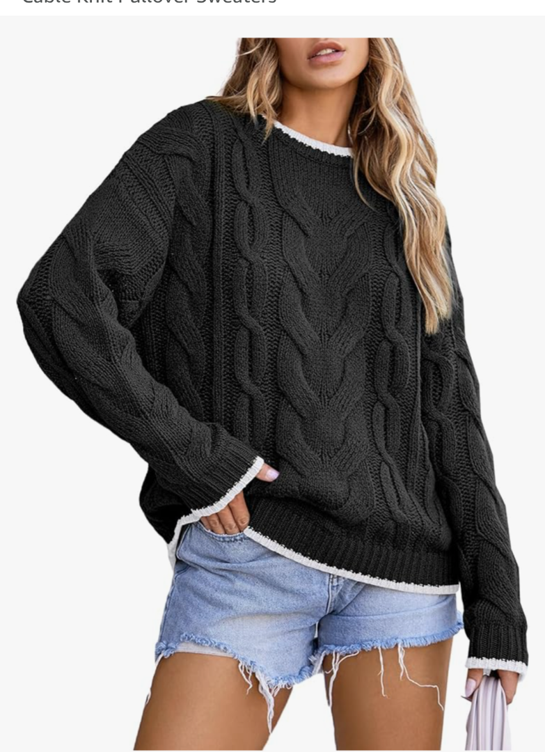 EVALESS Sweaters for Women Trendy Crewneck Long Sleeve Color Block Sweater Tops Fall 2024 Chunky Cable Knit Pullover Sweaters S