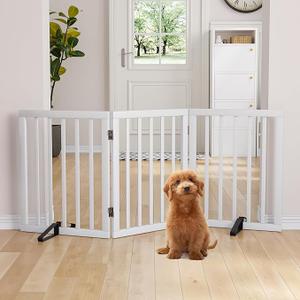 Bamboo Freestanding Dog Gates for Doorways,3-Panel Indoor Puppy Gates for the House with 2 Metal Stands,24"H Folding Pet Gate for Stairs Expands Up to 55"W Fully Assembled Stair Gate White
