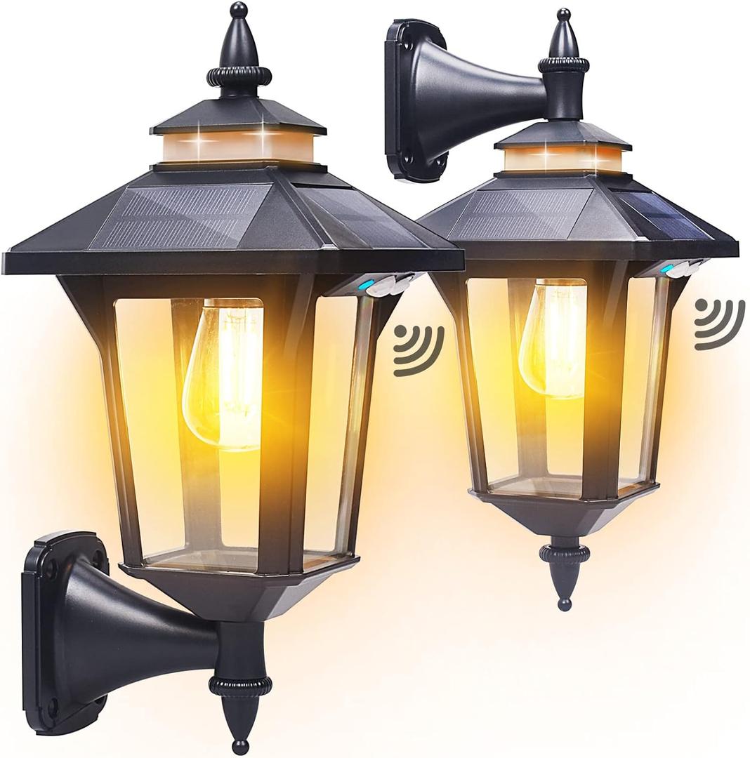 Solar Wall Lights Outdoor : Dusk to Dawn Solar Porch Ligh,3 Modes & Motion Sensor Waterproof Wall Sconce Lantern Lamp for Patio Garage Garden Barn Yard House, 2 Types of Wall Mount, 2 Pack